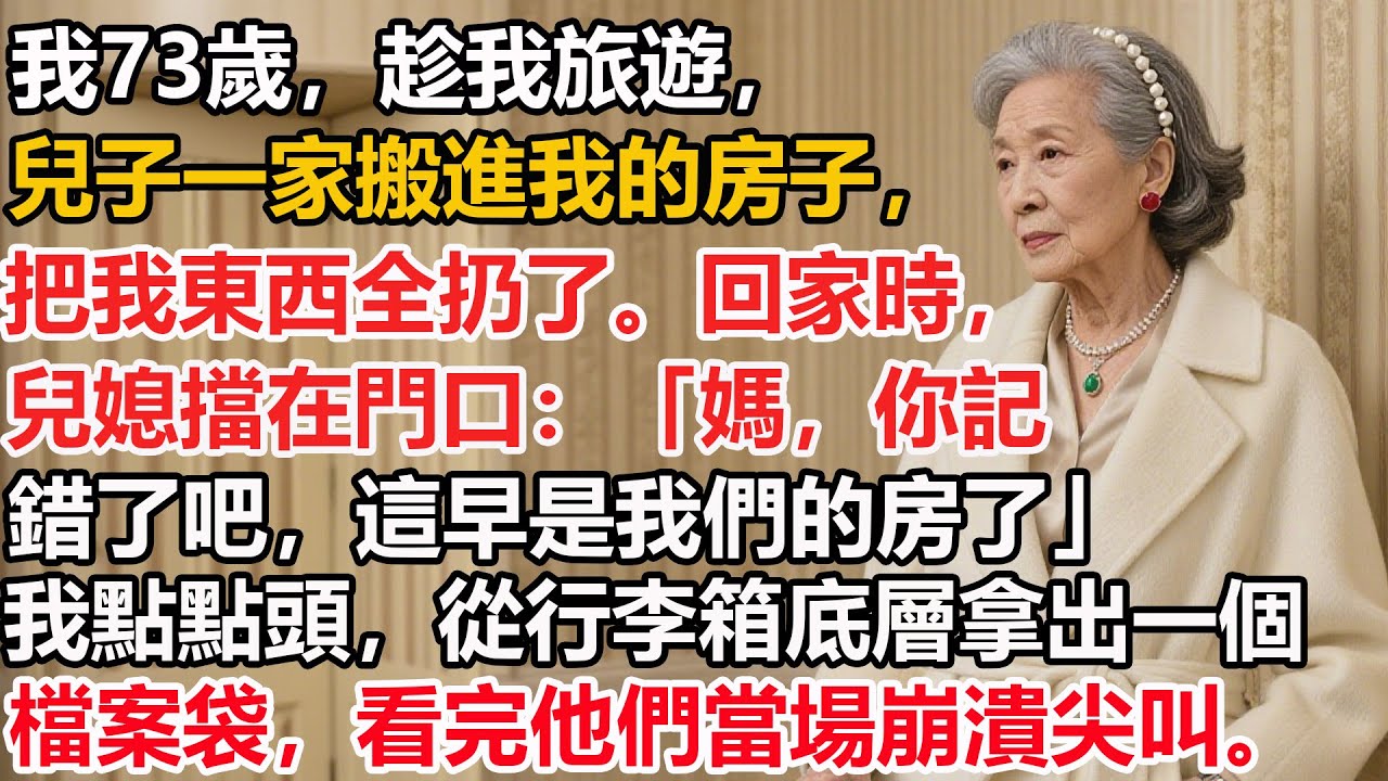 【我73歲】趁我旅遊，兒子一家搬進我的房子，把我東西全扔了。回家時兒媳擋在門口：「媽，你記錯了吧，這早是我們的房了」我點點頭，從行李箱底層拿出一個檔案袋，看完他們當場崩潰尖叫。