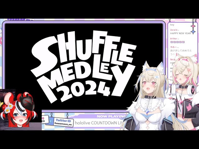 Fuwamoco and Drunk Hakos Baelz React To Hololive Shuffle Medley 2024 class=