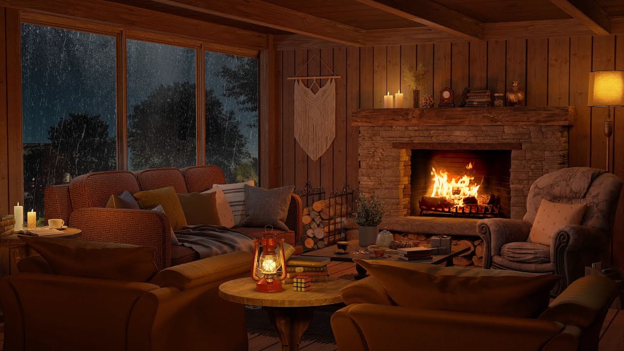 Уютная атмосфера в комнате ночью со звуками дождя и камином для отдыха, сна и чтения