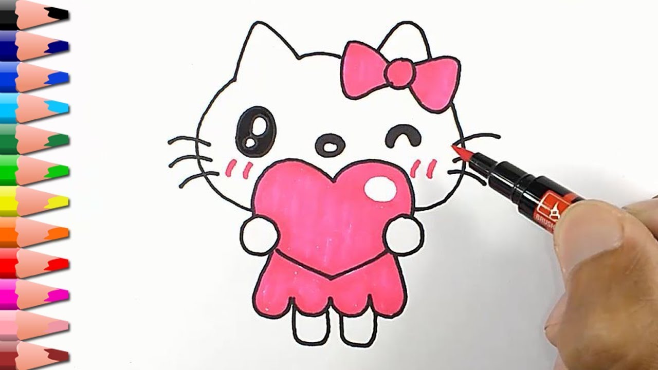 Hello Kitty drawing with love heart, How to draw Hello Kitty step by step