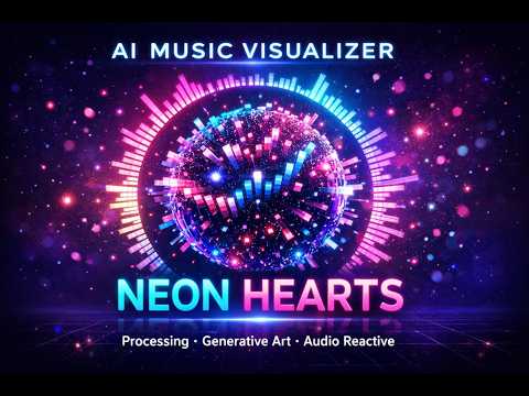 AI Music Visualizer in Processing 🎧 | Neon Hearts Reactive Spectrum, Particles & 3D Audio Art