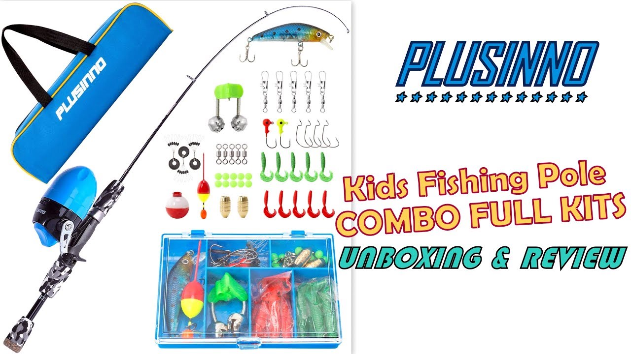 PLUSINNO Kids Fishing Pole with Spincast Reel Telescopic Fishing Rod Combo  Full Kits 