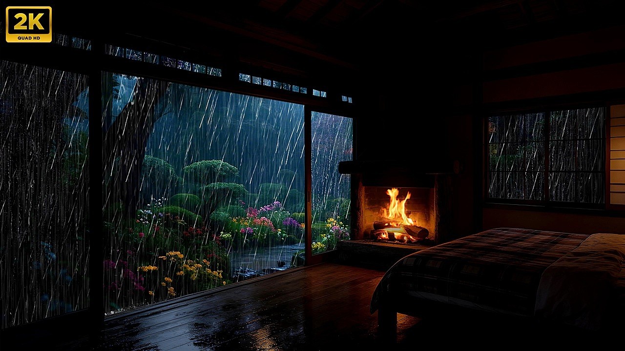 Rainy Night Ambience in a Cozy Cabin with Fireplace | No Music, Deep Sleep Sounds