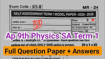 Ap 9th class physics Sa Term 1 model paper with answers 2025|9th class physics sa1 exam paper 2025
