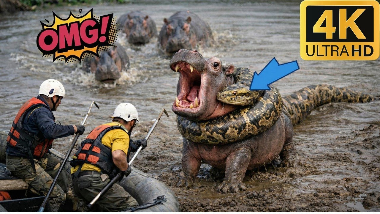 Giant Python Attacks Baby Hippo - Incredible 6-Meter Snake vs Rescue Team