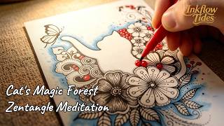 🐱The Cat's Magic Forest: Serene Silhouette Amidst Flowers & Berries | Zentangle Art