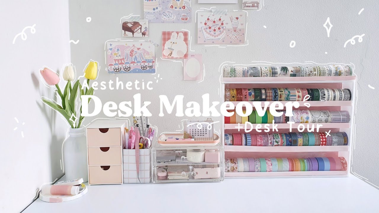 ﾟPastel Aesthetic Desk Makeover + Desk Tour 2021 - Indonesia 2021🌷 ...