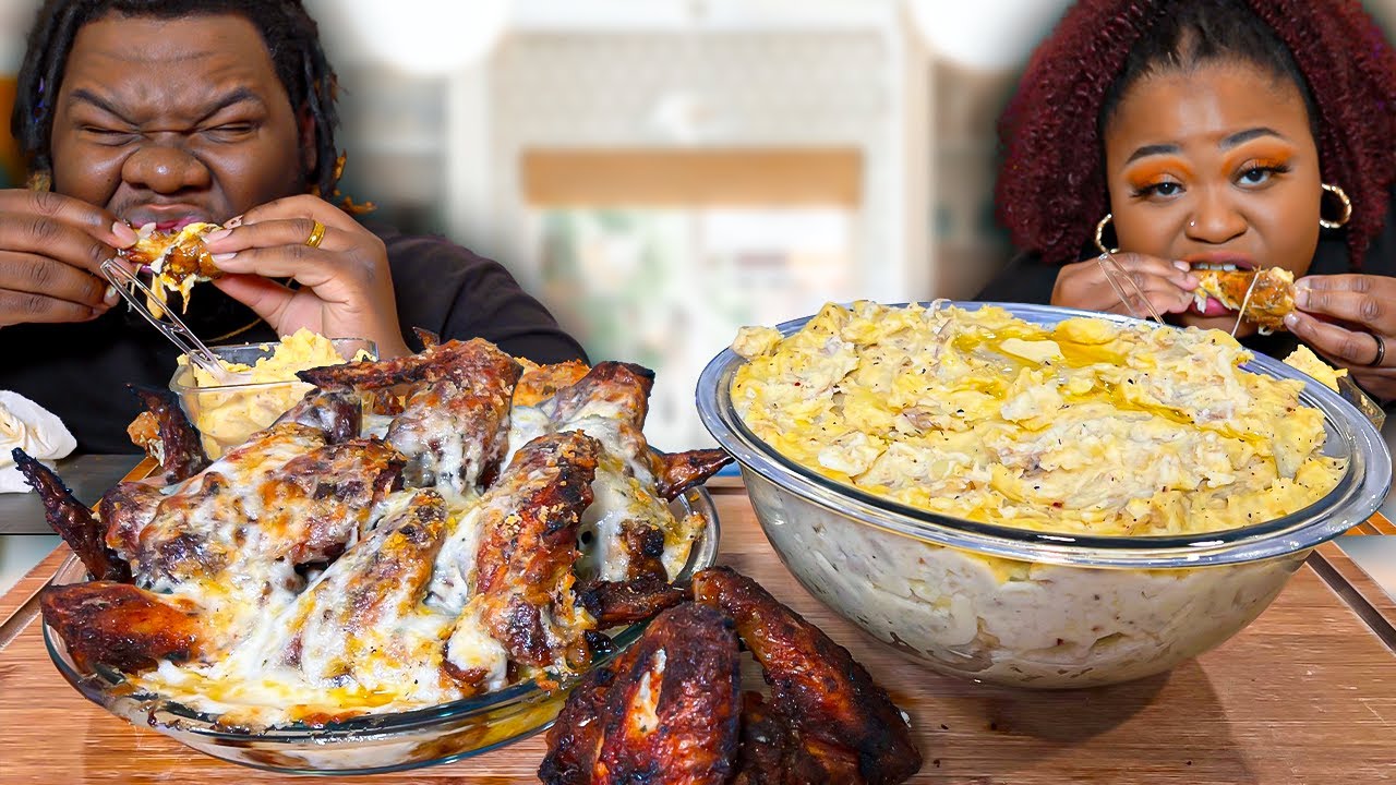 PARMESAN-CRUSTED WHOLE WINGS + GARLIC BUTTER MASHED POTATOES!!! | MUKBANG EATING SHOW