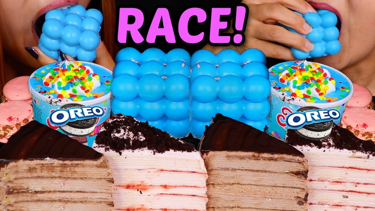 ASMR RACE NUTELLA CHOCOLATE CREPE CAKE, BIRTHDAY CAKE SUNDAE *TRYING VIRAL ICE CREAMS*
