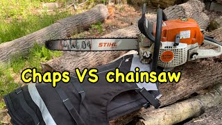 Cutting a pair of Yardmaris chainsaw chaps with a Stihl ms291 chainsaw .