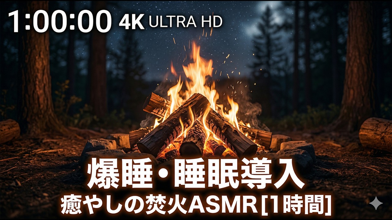 【4K 焚火】眠れる焚き火の音 1時間 - 睡眠導入・作業用BGM・ASMR