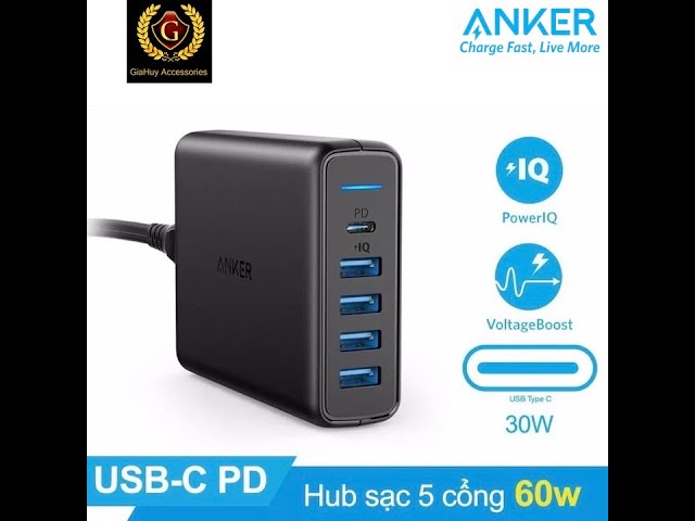 Sạc ANKER PowerPort Speed 5, công suất 60W (1 cổng USB-C PD và 4 cổng USB PiQ) - A2056