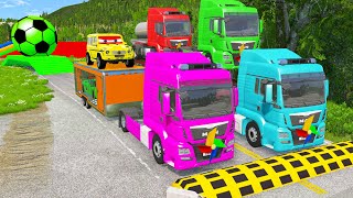 Flatbed Trailer Truck Rescue Bus - Cars vs Deep Water - Cars vs Rails and Trains - BeamNG Drive