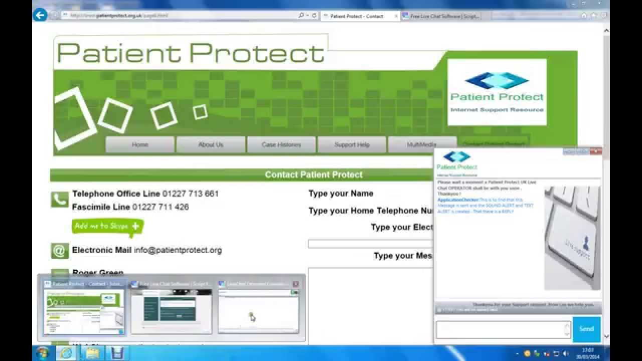 Patient Protect UK . LIVE CHAT Feature . Remote Support