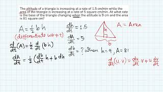 Calculus: Rate of change (Area of a triangle, altitude, base)