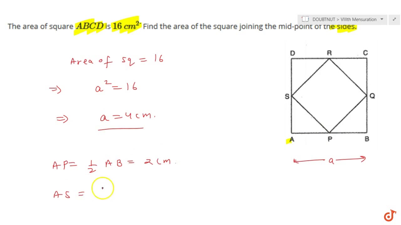 "The area of square `A B C D` is `200 c m^20dot` Find the area of the square  joining the