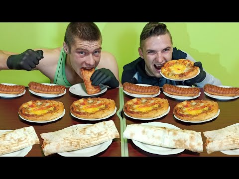 ПИЦЦА ШАУРМА СЛОЙКА С МЯСОМ КТО БЫСТРЕЕ СЪЕСТ ! ПОЕДАНИЕ МНОГО ЕДЫ НА СКОРОСТЬ