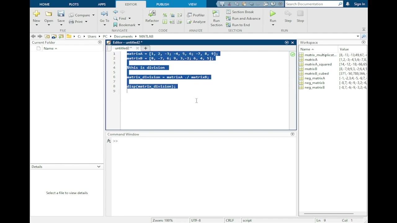 Arithmetic of Matrices using MatLab (Course Project) - YouTube
