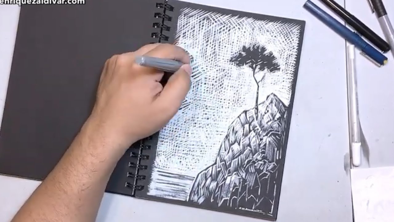 White ink on black paper - Drawing a landscape with brush pen and ink - By Enrique Zaldivar