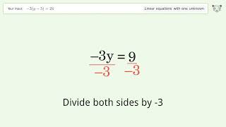 Linear equation with one unknown: Solve -3(y-5)=24 step-by-step solution