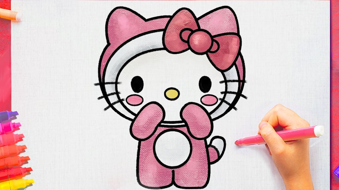 Hello Kitty drawing with love heart, How to draw Hello Kitty step by step