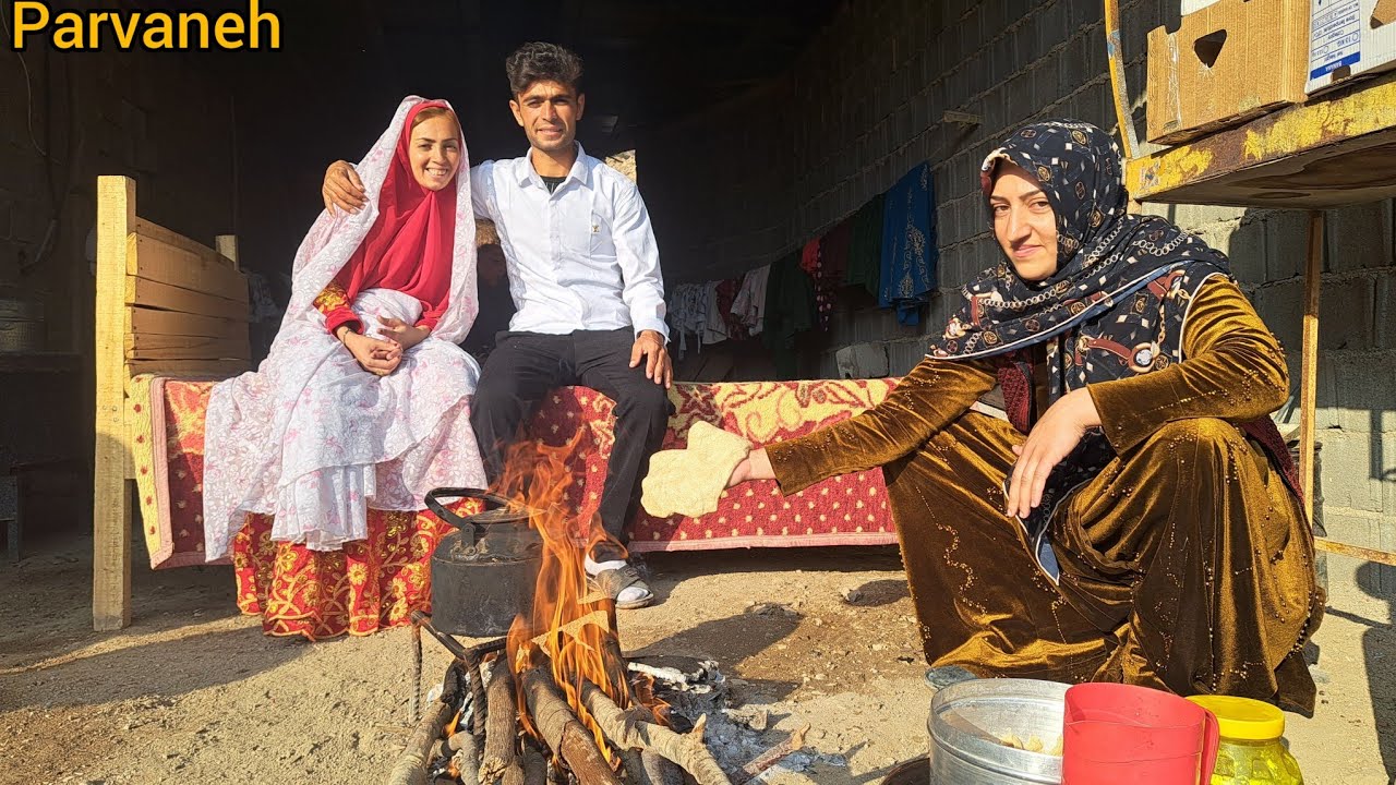 Nomadic daily life: lighting a fire with firewood and preparing ...