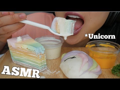 ASMR Unicorn CREPE CAKE + BUN (SOFT STICK EATING SOUNDS) NO TALKING | SAS-ASMR