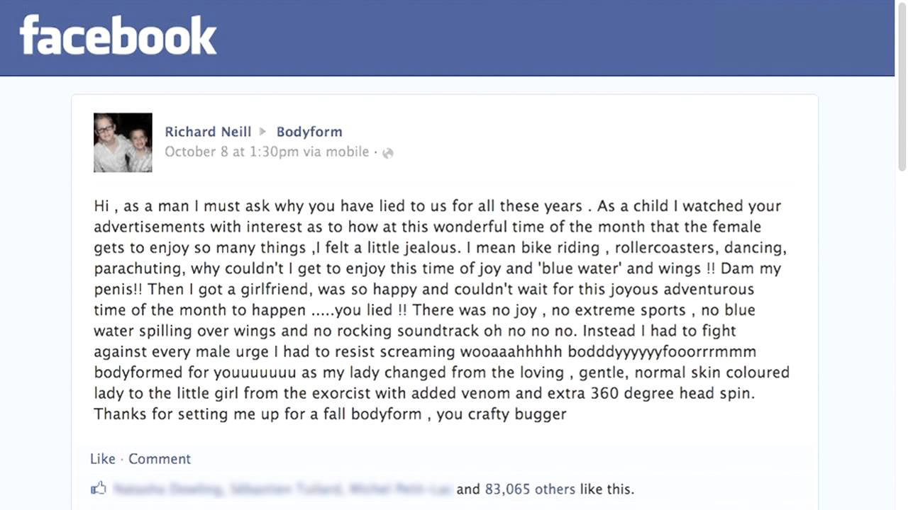 richard neill to bodyform facebook post october 8th 2012 youtube body form