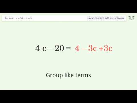 Linear equation with one unknown: Solve c-20=4-3c step-by-step solution