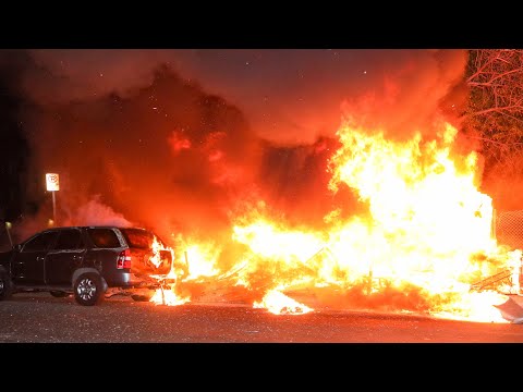 LAFD Task Force 64: Large Homeless Encampment Fire Destroys Car