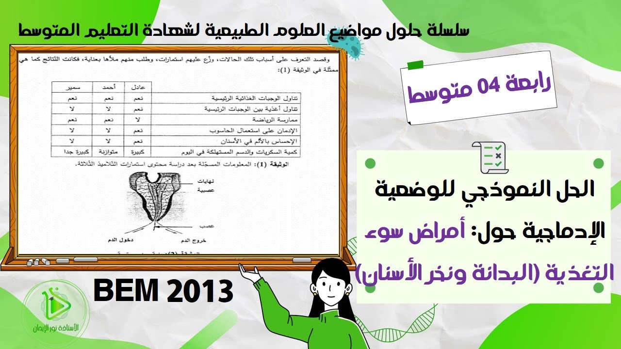 حل موضوع العلوم الطبيعية لشهادة التعليم المتوسط 2013 - حل الوضعية الإدماجية حول البدانة ونخر الأسنان