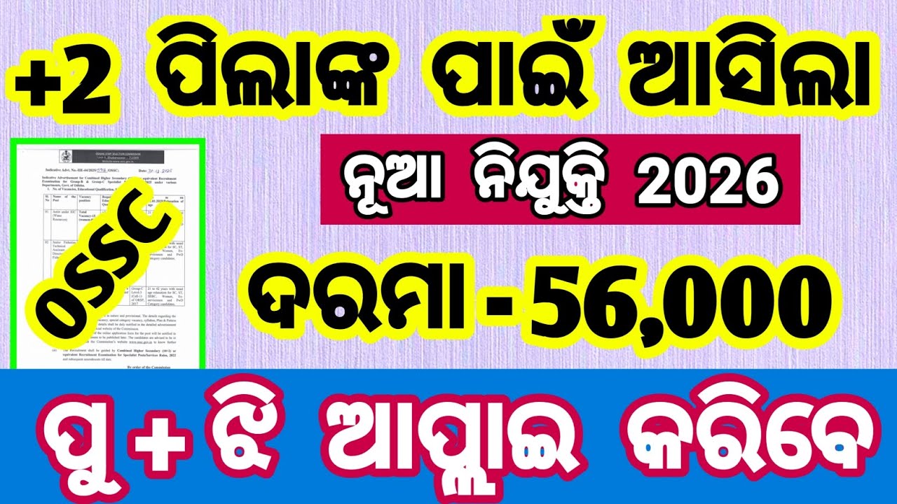 +2 ପାସ ନୂଆ ନିଯୁକ୍ତି 2026 | +2 pass new vacancy 2026 | ossc new vacancy 2026