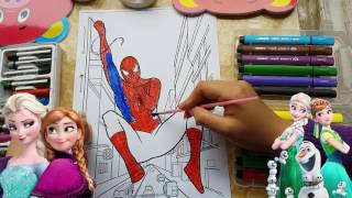 Vẽ và Tô màu NGƯỜI NHỆN bằng Màu nước cho Bé với công chúa Elsa - SPIDERMAN COLORING PAGES