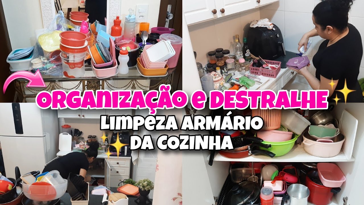 FAXINA, ORGANIZAÇÃO E DESTRALHE NO ARMÁRIO DA COZINHA LIMPEZA COMPLETA 🏡✨