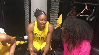 Arielle Chambers talks to Nneka Ogwumike after she reached the 3500 point mark