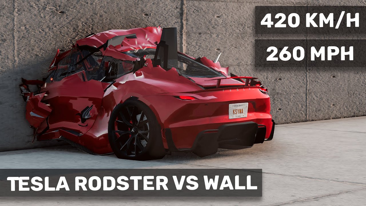 Tesla Rodster Crashes To The WALL 420 Km h Realistic Crash Test Tesla Rodster Crashes To The WALL 420 Km h Realistic Crash Test