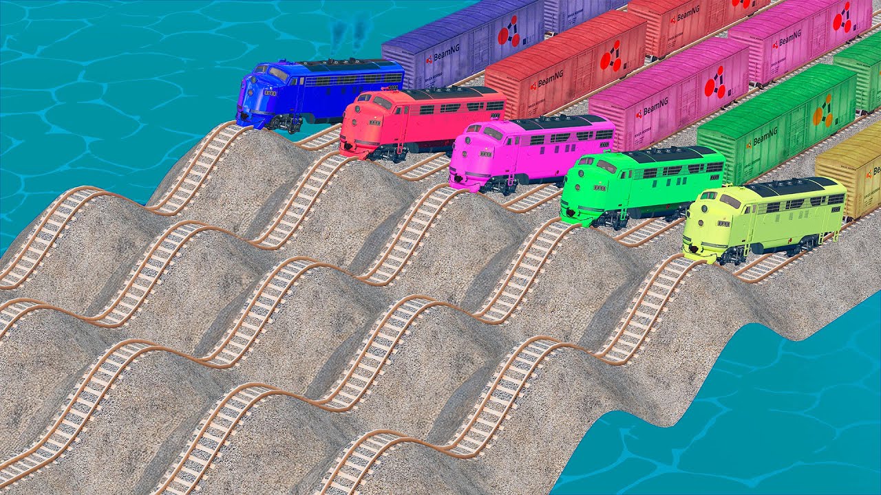 Quadruple Colorful Train Vs Undulating Impossible Weird Rail Track Crossing DeepWater | BeamNG.drive