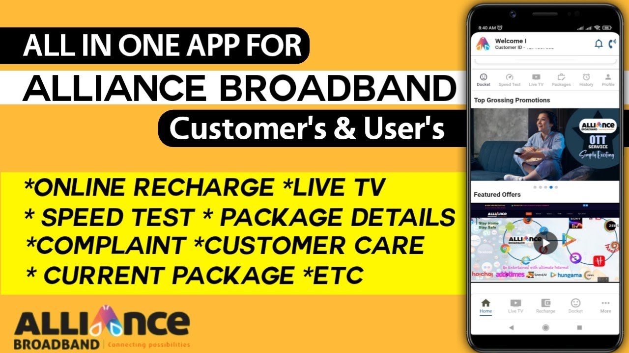 Alliance Broadband Live TV App & Online Recharge Package Details