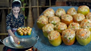 Delicious Stuffed Tomato with Pork Cooking and Eat in Countryside - Yummy Village Food