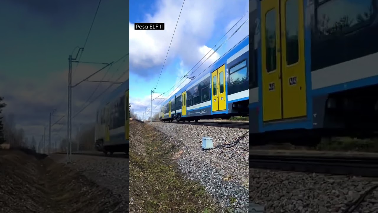 Pociąg osobowy EZT Pesa ELF II na przejeździe kolejowym na „Kosmodromie” w Poraju | grudzień 2022
