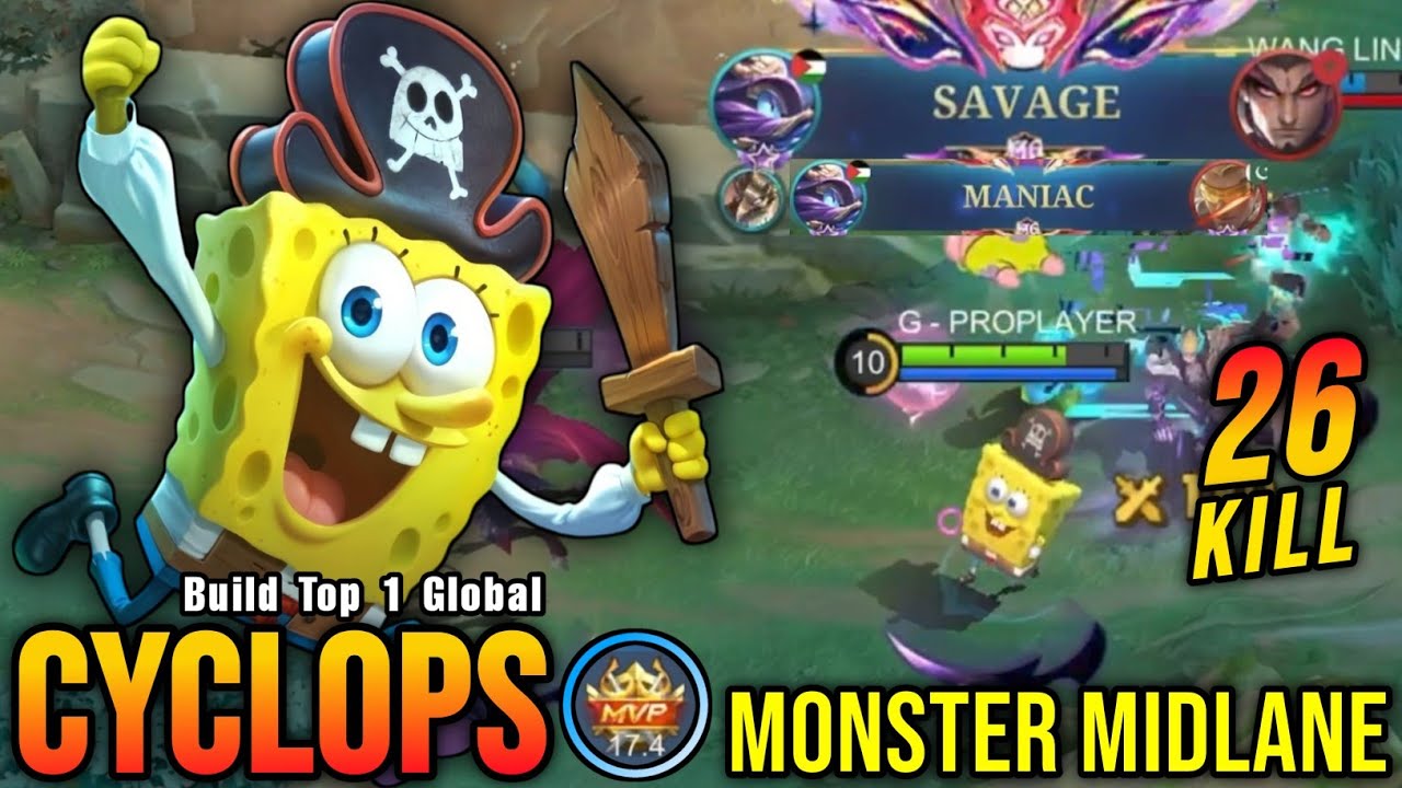 SAVAGE + 26 Kills!! Cyclops SpongeBob Skin Real Monster Midlane - Build Top 1 Global Cyclops ~ MLBB