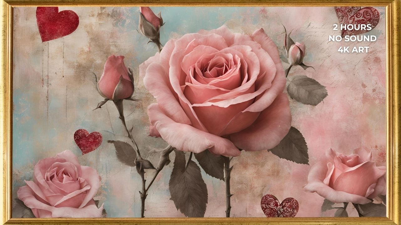 2 Hours Vintage Pink Rose Painting (No Sound) | 4K Romantic Art Screensaver