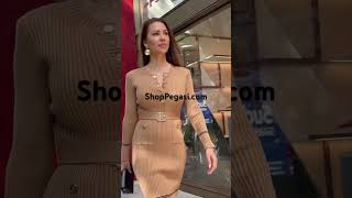 Venetia Knit Midi Dress in Beige elegant, timeless, & cinched with a belt for the perfect silhouette