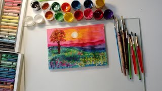 Drawing beautiful landscape sunset 🌇 Art Рисунок гуашью Пейзаж поэтапно Painting landscape Artwork