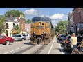 Street Running Train With 2 Locomotives Shoving Rear, Truck Follows Train In Street,2 Street Runners