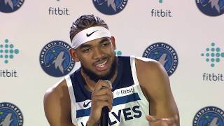 Timberwolves center karl-anthony towns addresses the media at team's
2019-20 day target center.