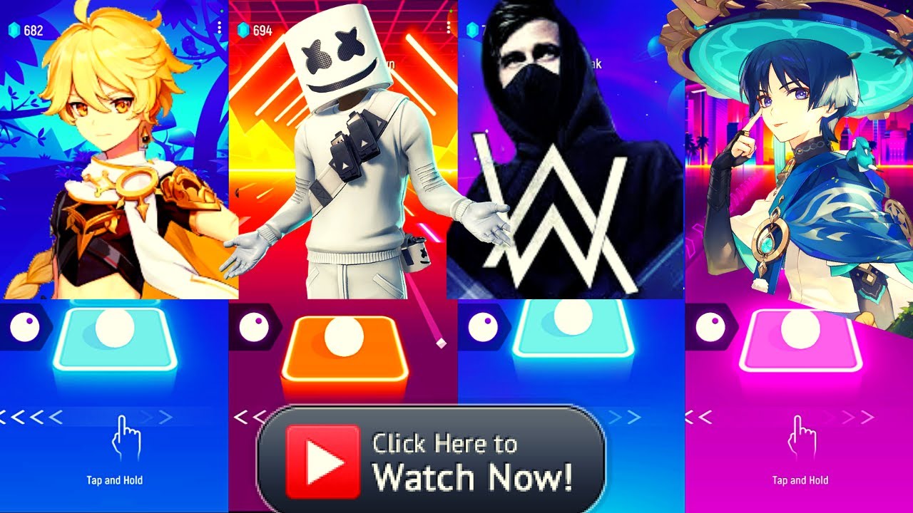 Genshin Impact vs Scaramouche vs Marshmello vs Alan Walker Tiles Hop