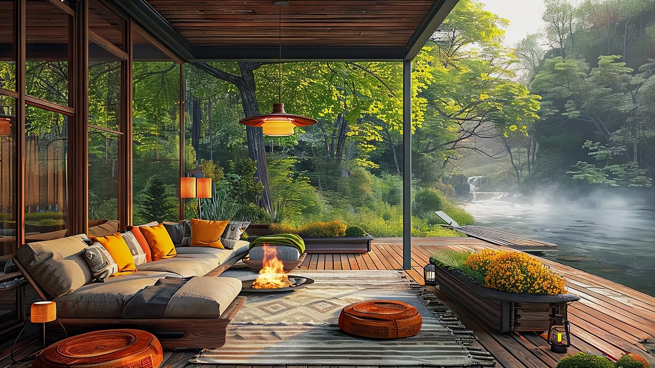 Peaceful Spring Ambience🌺4K. Cozy Lakeside Porch Space with Smooth Jazz ...
