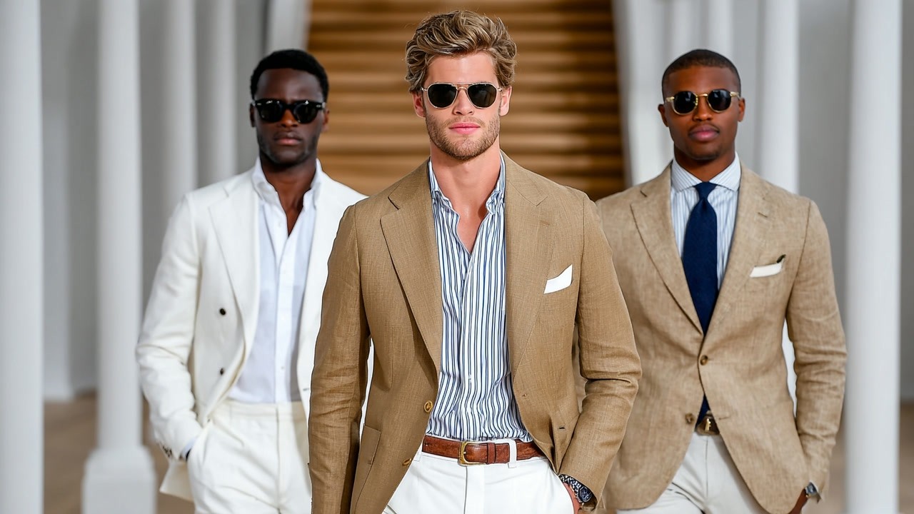 Мужская коллекция Ralph Lauren весна/лето 2026 | Песочно-бежевый и шампанский оттенки – современн...