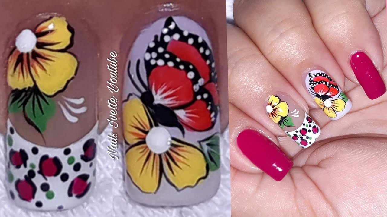 Decoración de uñas en tonos alegres/flor básica de 3 pétalos/ animal Print y mariposa